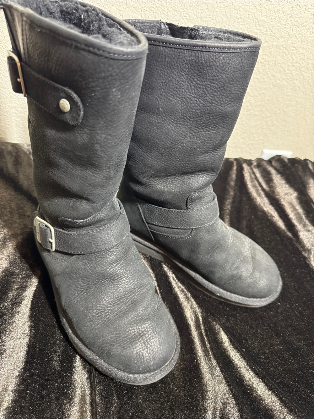 UGG Black Suede Leather Mid-Calf Metal Buckle Boots 6